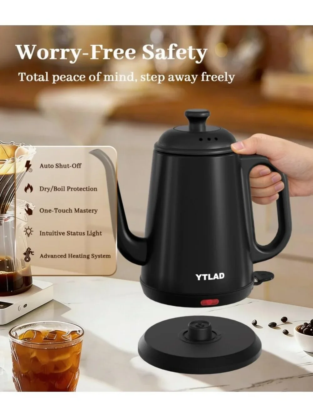 1L Gooseneck Electric Kettle for Pour-Over Coffee & Tea, Fast Boiling, BPA-Free